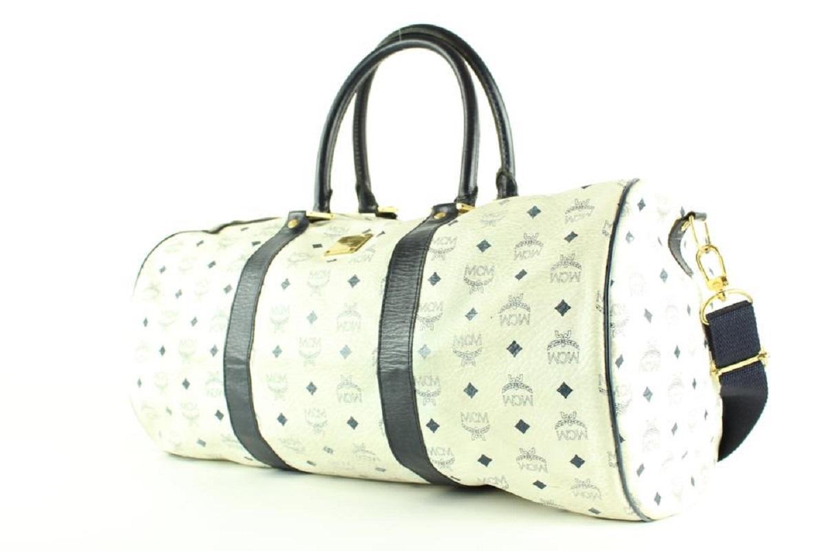 MCM White Monogram Visetos Boston Duffle Bag with Strap 4MCM124






