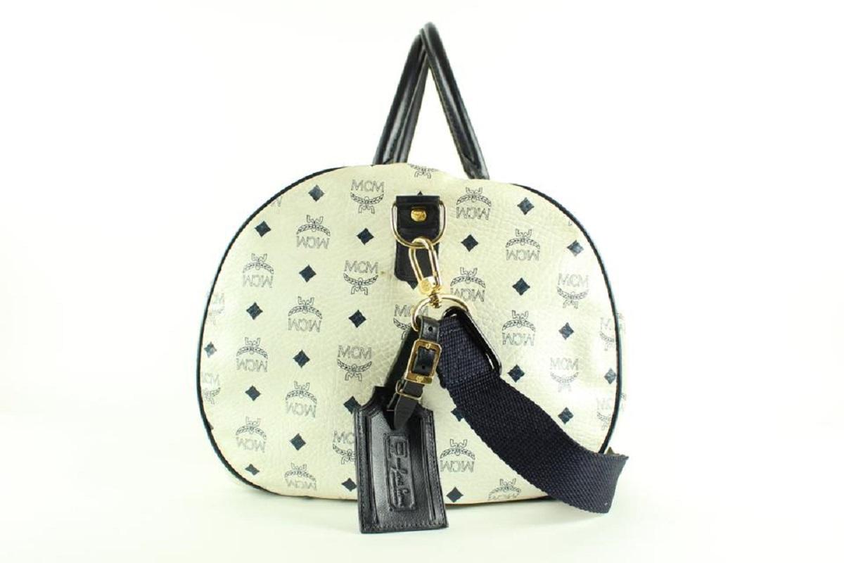 MCM White Monogram Visetos Boston Duffle Bag with Strap 4MCM124 In Good Condition In Dix hills, NY