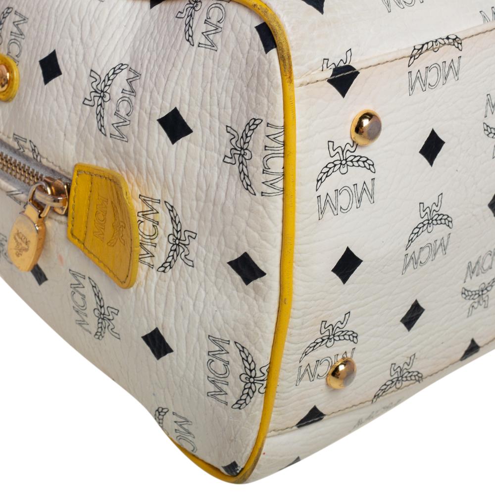 MCM White/Yellow Visetos Leather Small Heritage Boston Bag 3