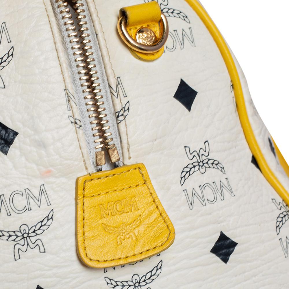 MCM White/Yellow Visetos Leather Small Heritage Boston Bag 5
