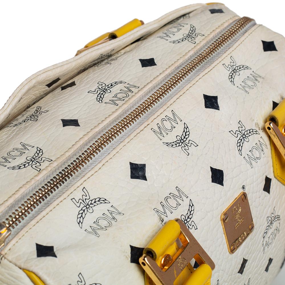 Beige MCM White/Yellow Visetos Leather Small Heritage Boston Bag