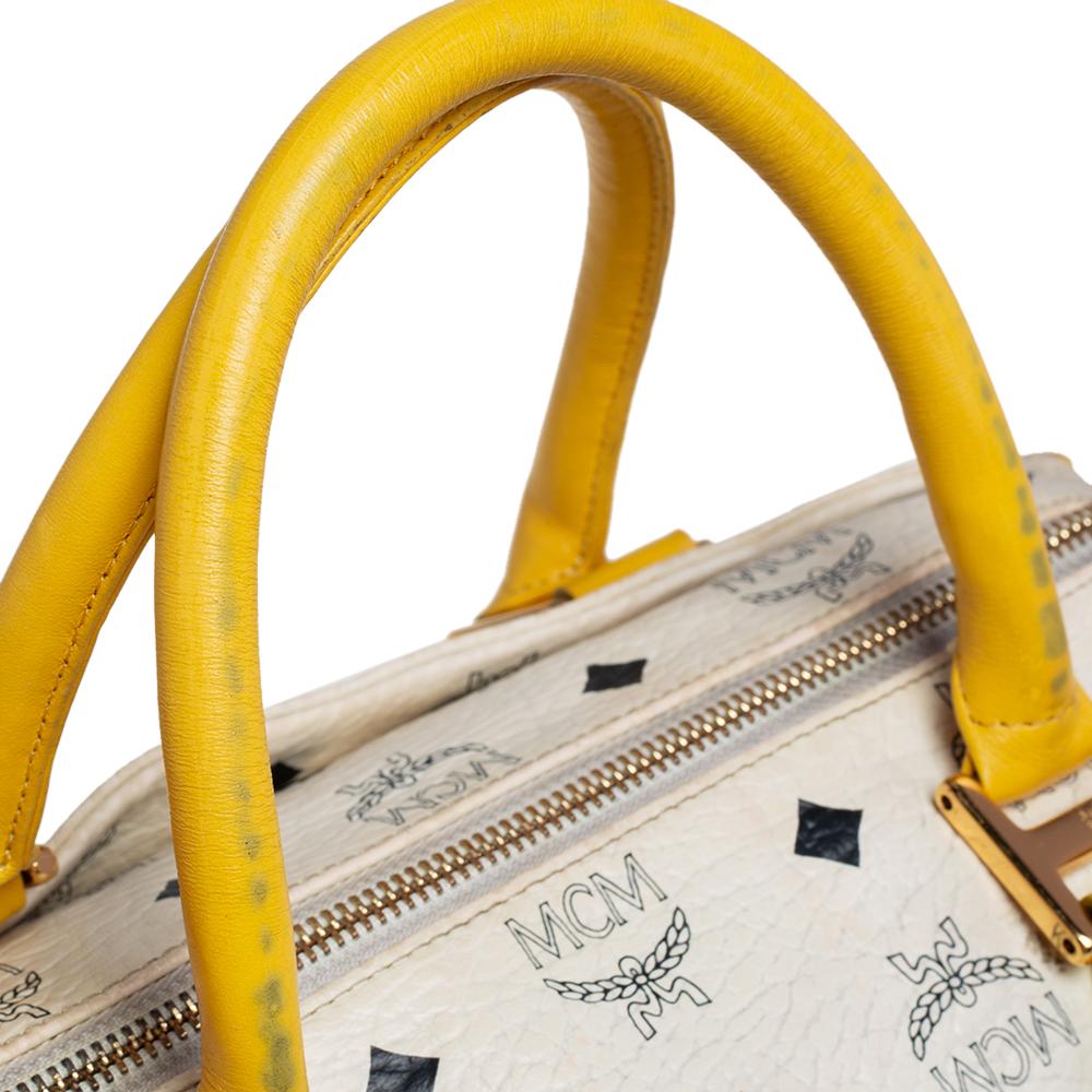 Women's MCM White/Yellow Visetos Leather Small Heritage Boston Bag