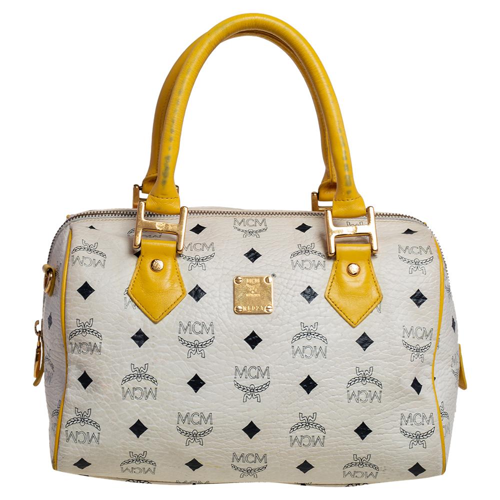 MCM White/Yellow Visetos Leather Small Heritage Boston Bag at 1stDibs |  yellow mcm bag, mcm handbag price, mcm bags on sale