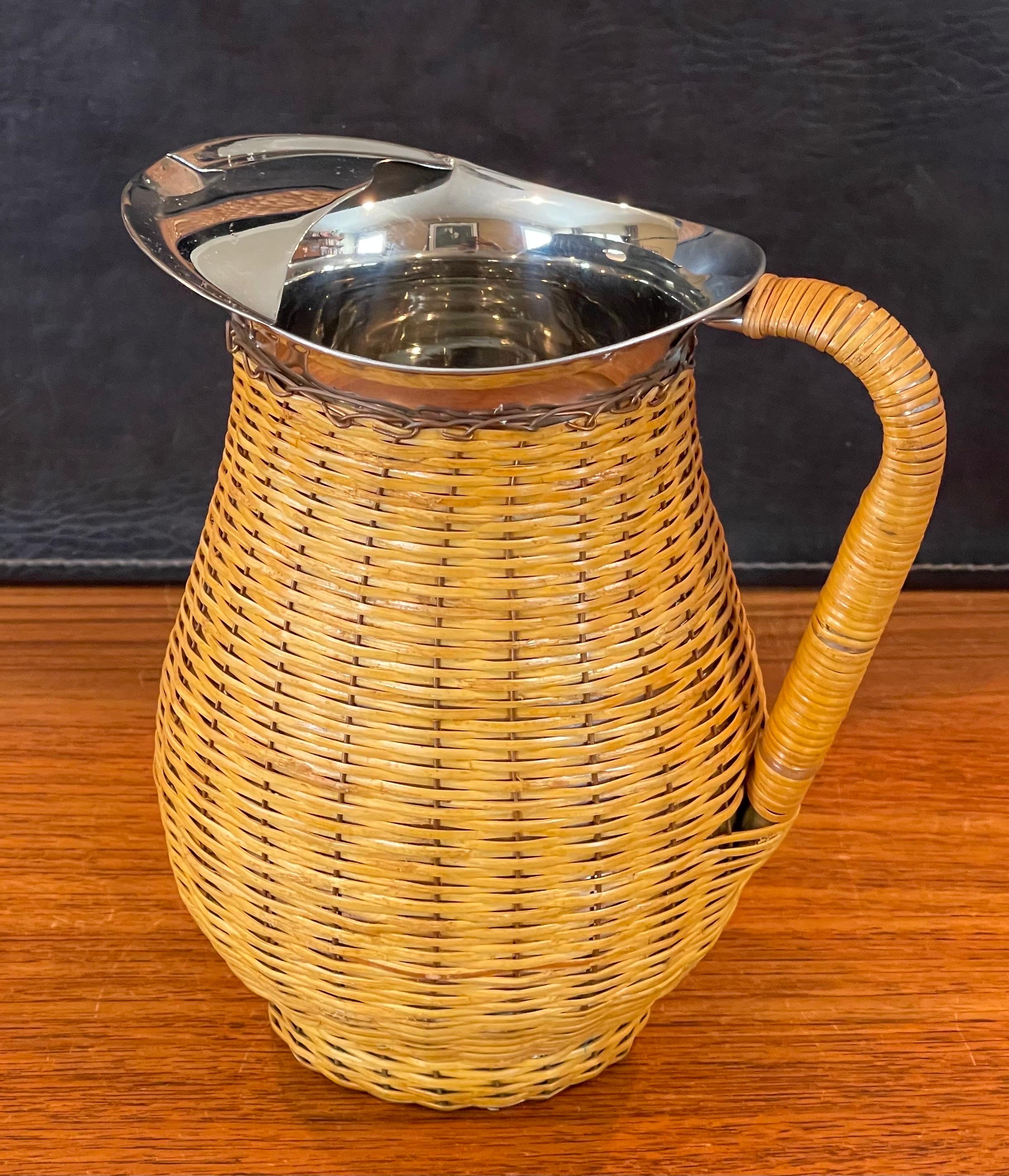 MCM Wicker Wrapped Stainless Steel Pitcher For Sale 8