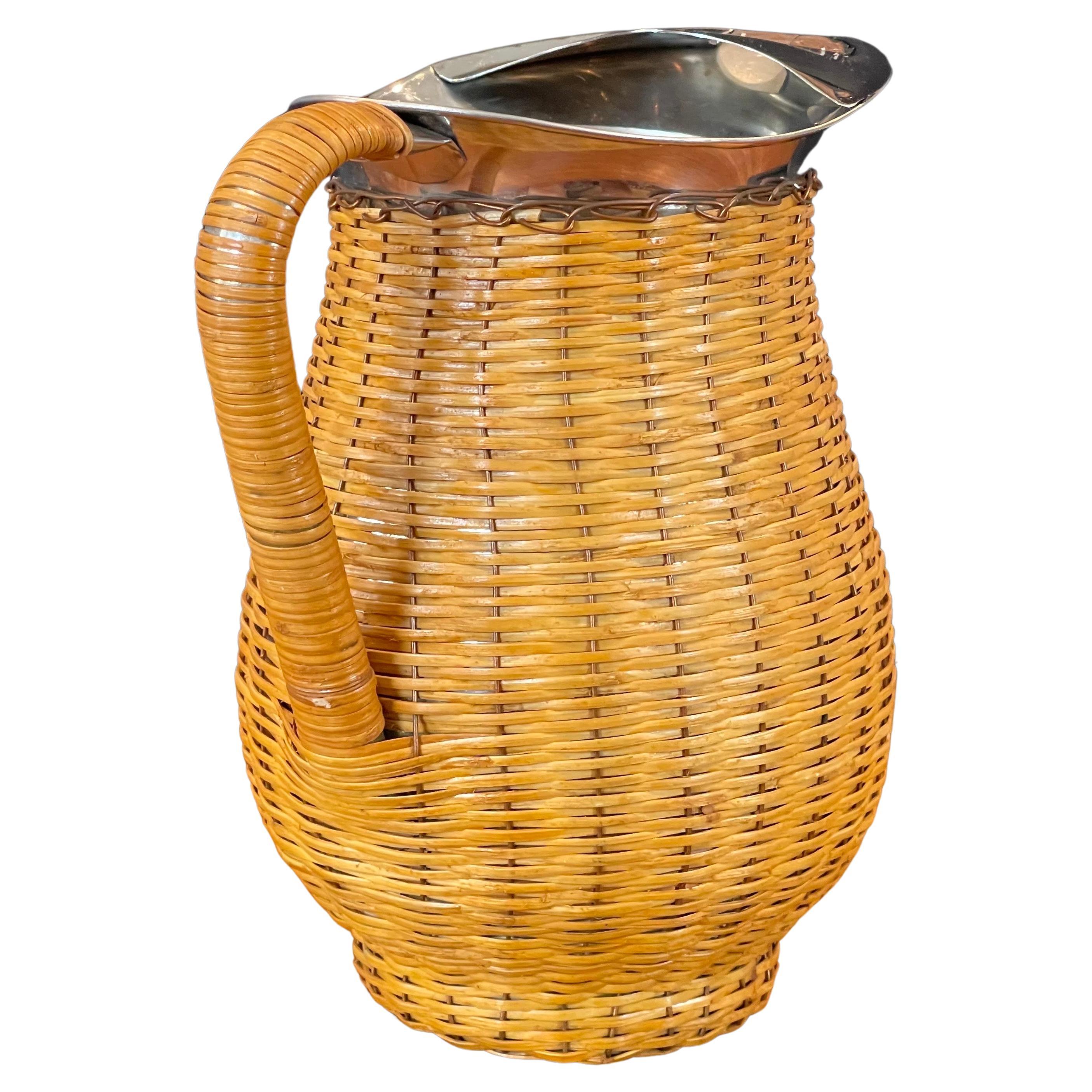 Mid-Century Modern MCM Wicker Wrapped Stainless Steel Pitcher For Sale