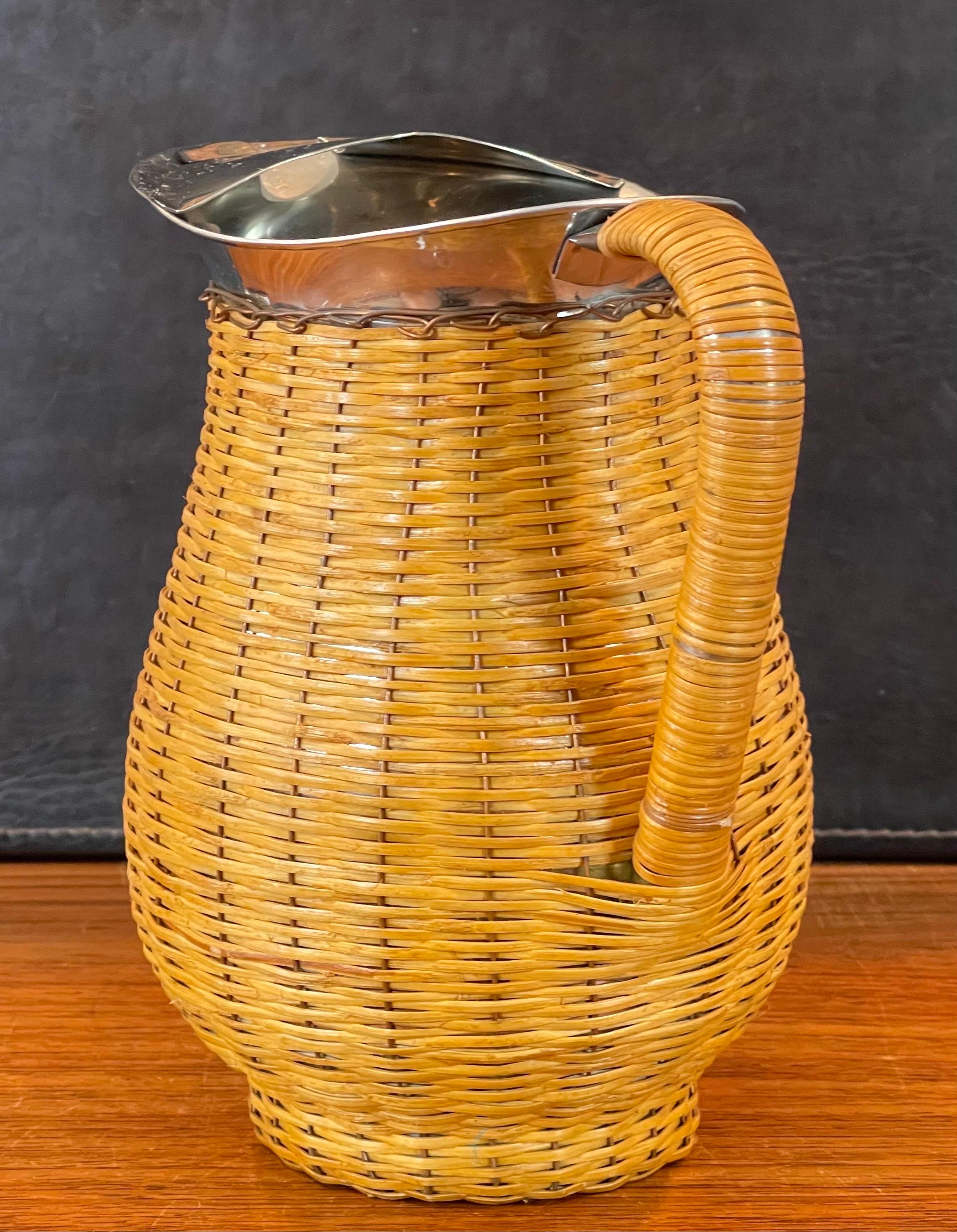 American MCM Wicker Wrapped Stainless Steel Pitcher For Sale