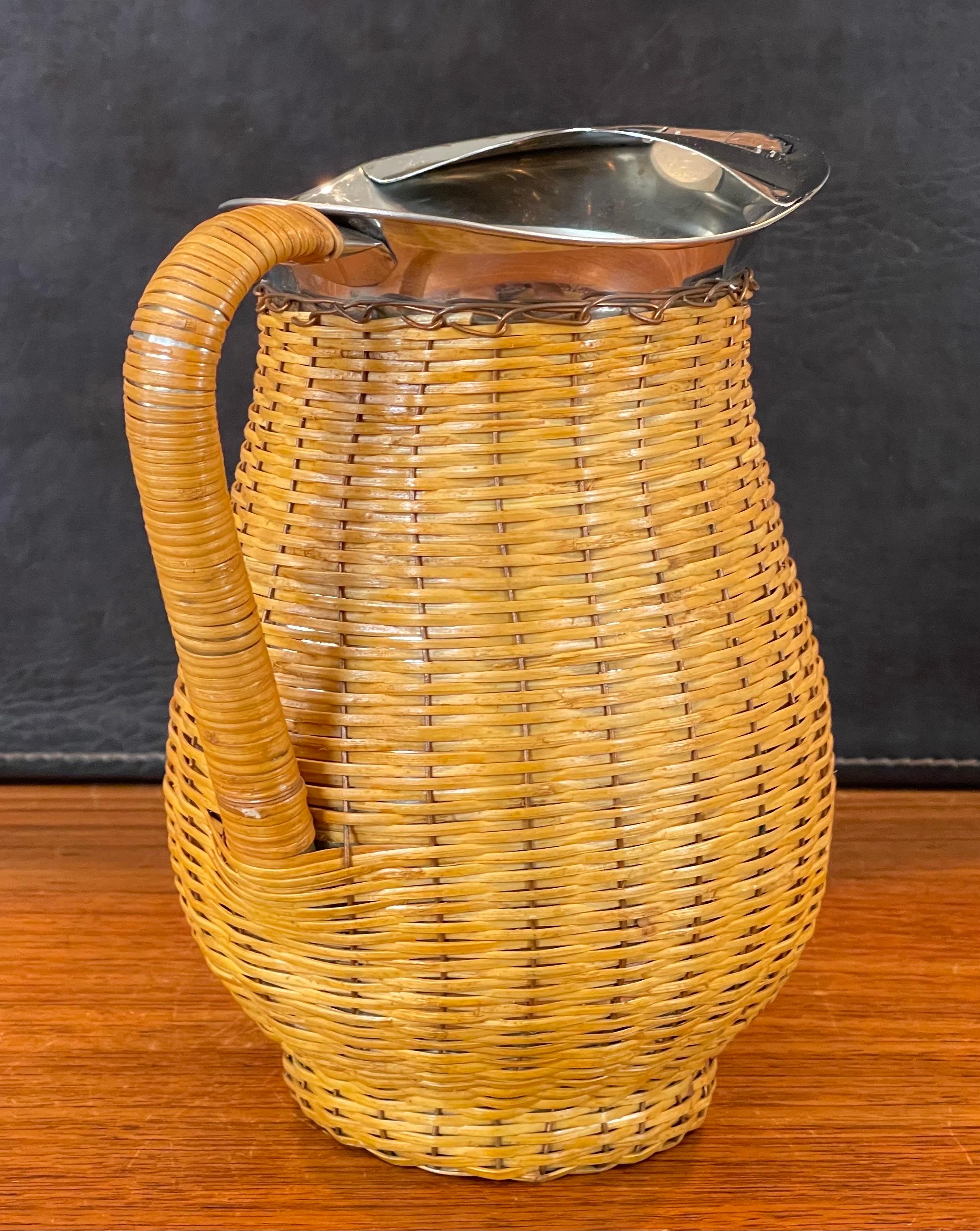 MCM Wicker Wrapped Stainless Steel Pitcher In Good Condition For Sale In San Diego, CA