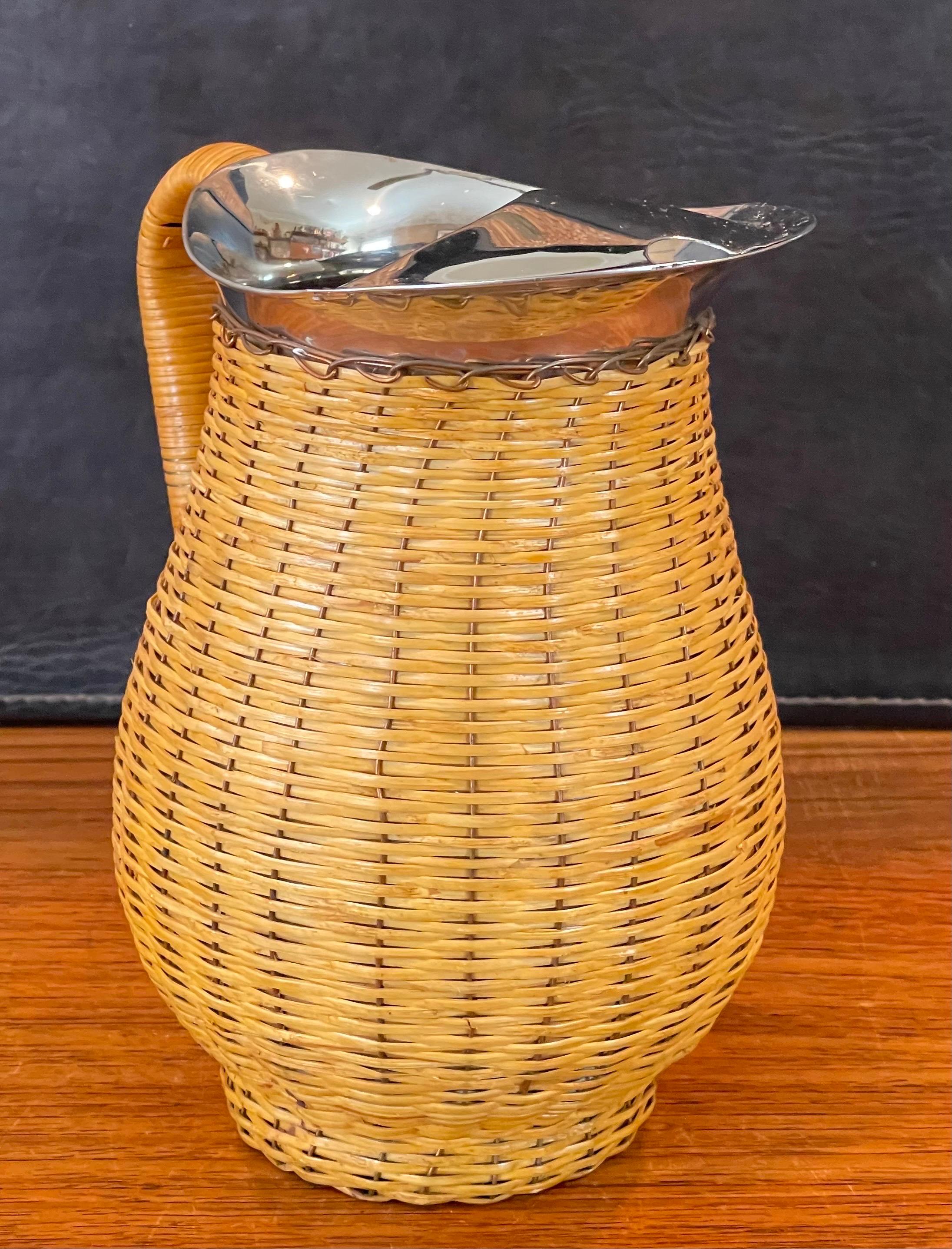 MCM Wicker Wrapped Stainless Steel Pitcher For Sale 1
