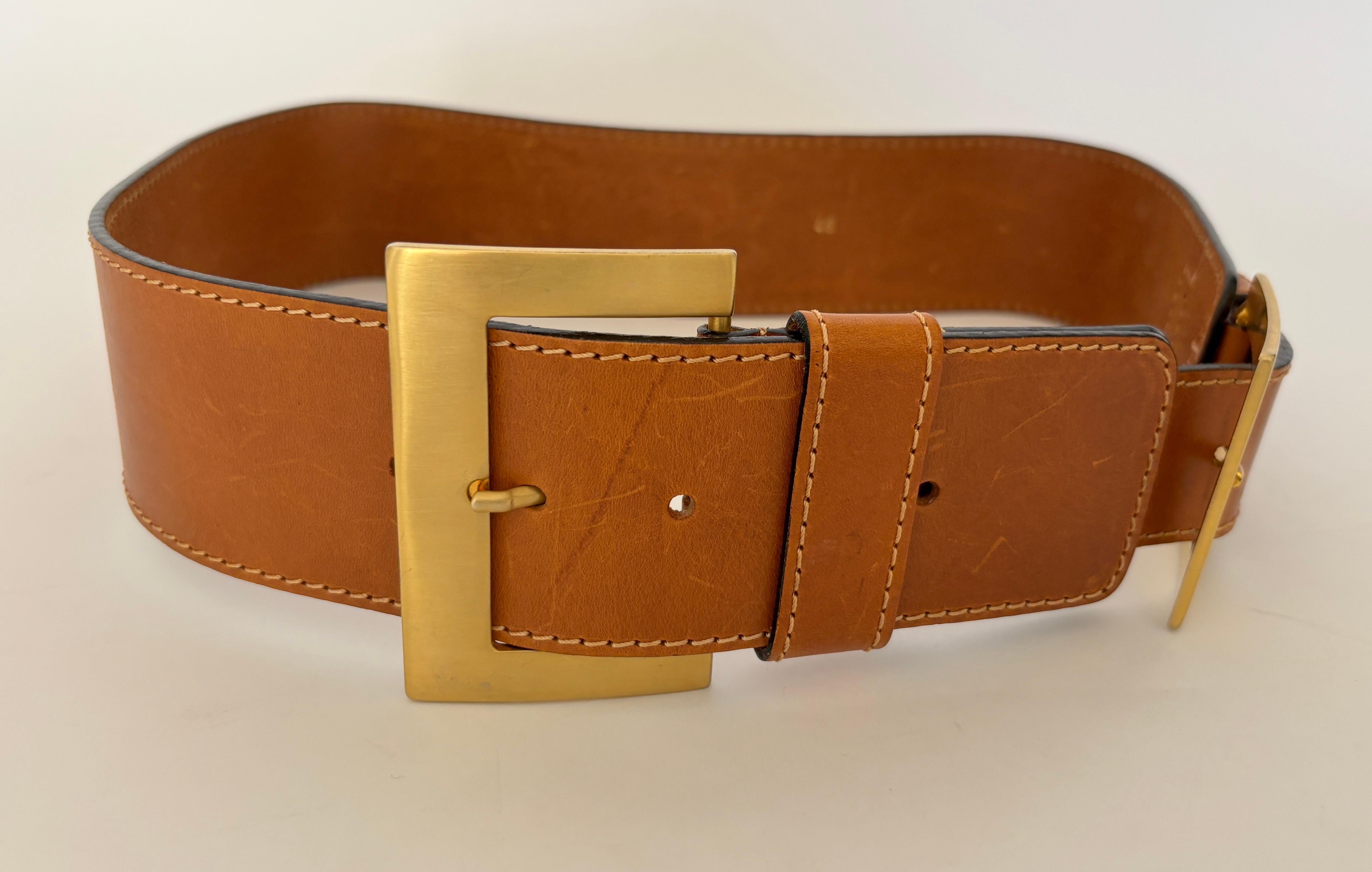 Brown MCM Women Leather Waist Belt with Gold Buckles For Sale