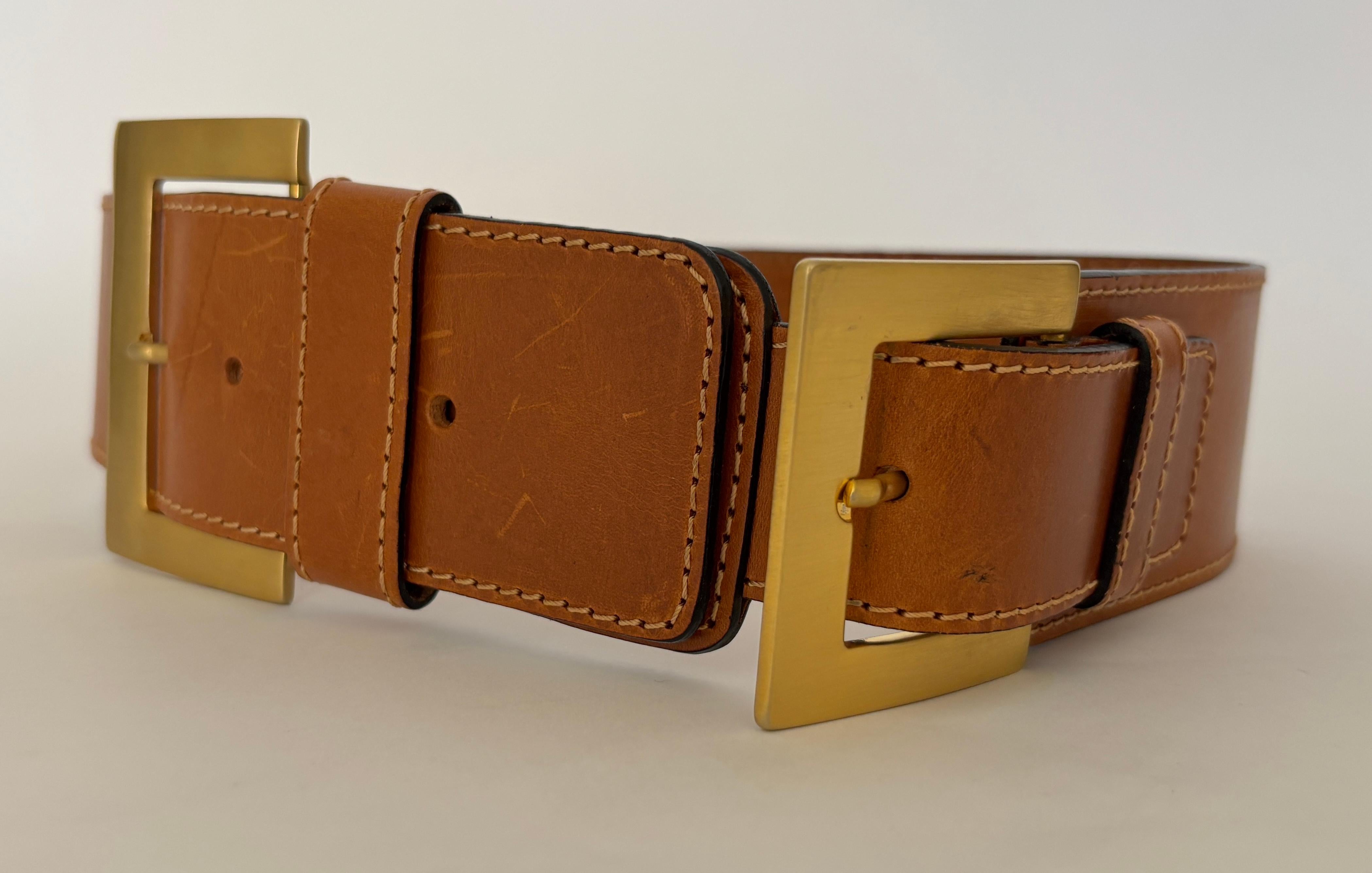 Women's or Men's MCM Women Leather Waist Belt with Gold Buckles For Sale