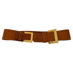 MCM Women Leather Waist Belt with Gold Buckles