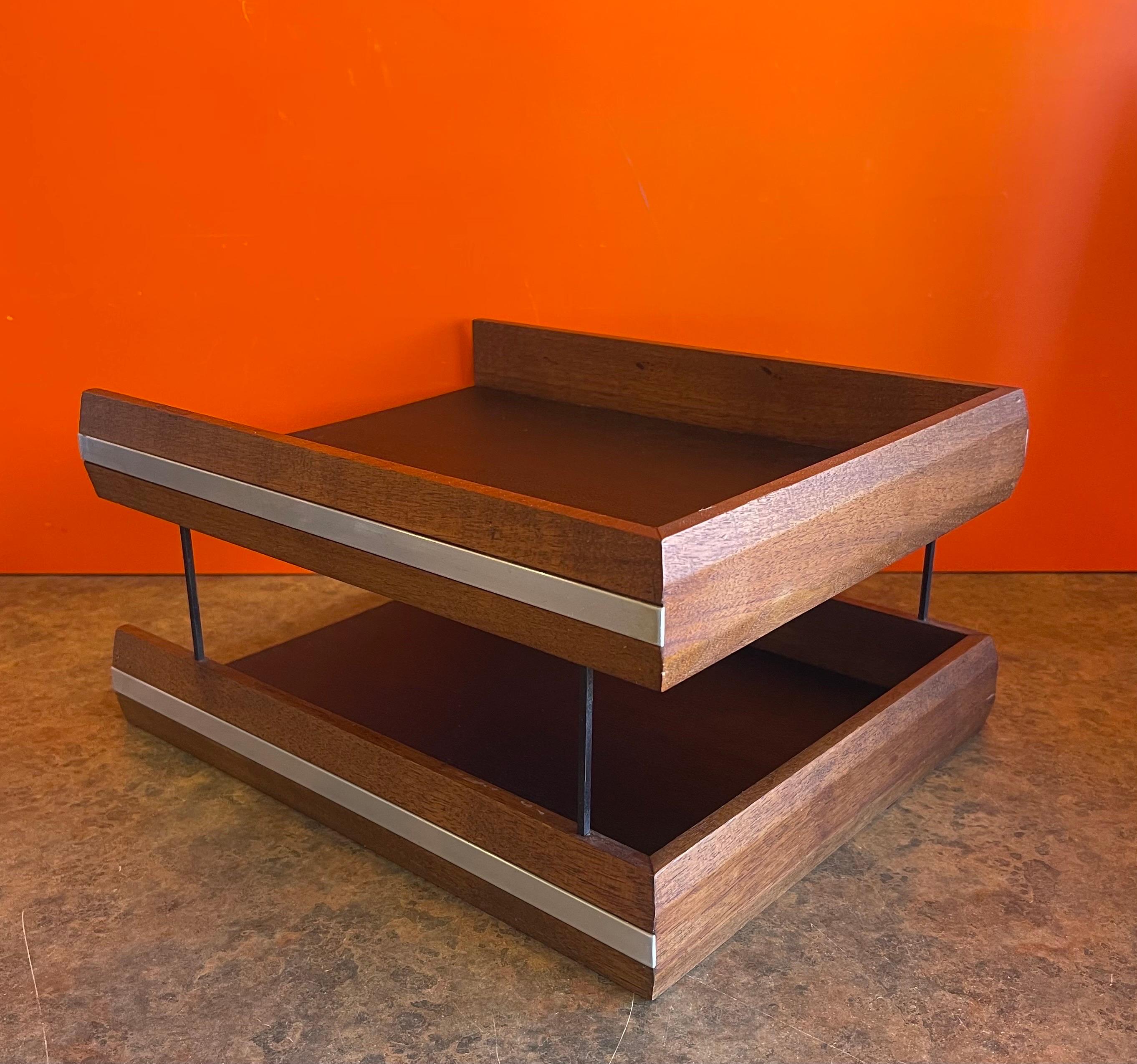 MCM Wood and Naugahyde Double Letter Tray by John Mel In Good Condition In San Diego, CA