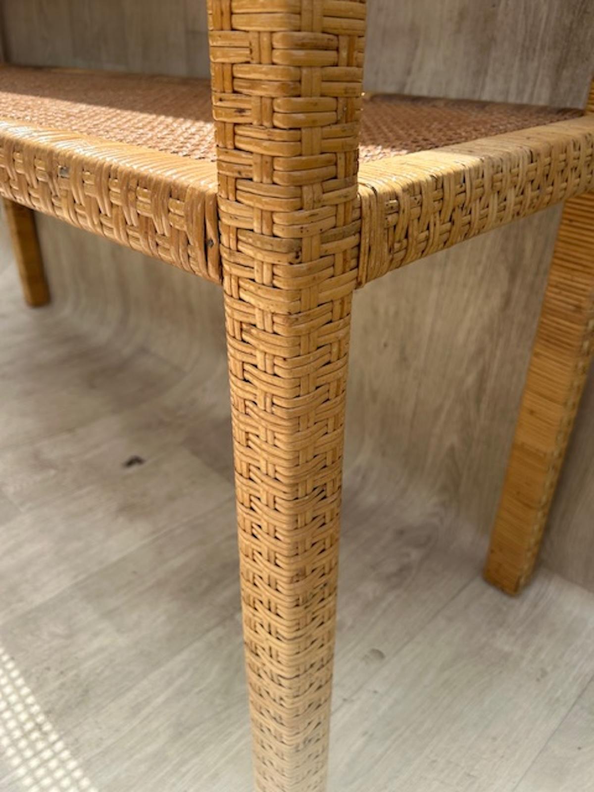 MCM Woven Rattan & Glass Two-Tier Console Table & Wall Mirror Set, Italy, 1970 For Sale 2