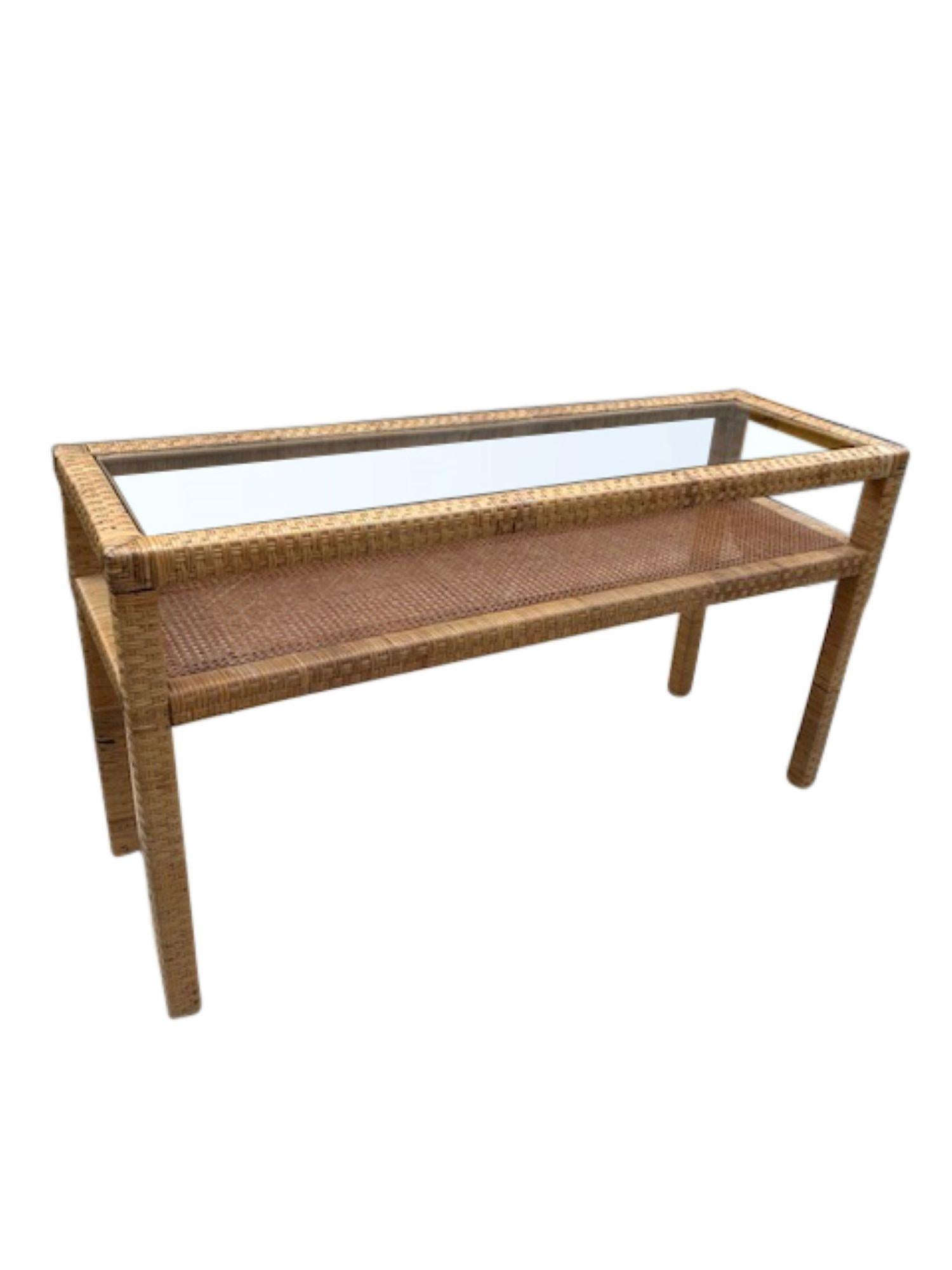 Mid-Century Modern MCM Woven Rattan & Glass Two-Tier Console Table & Wall Mirror Set, Italy, 1970 For Sale