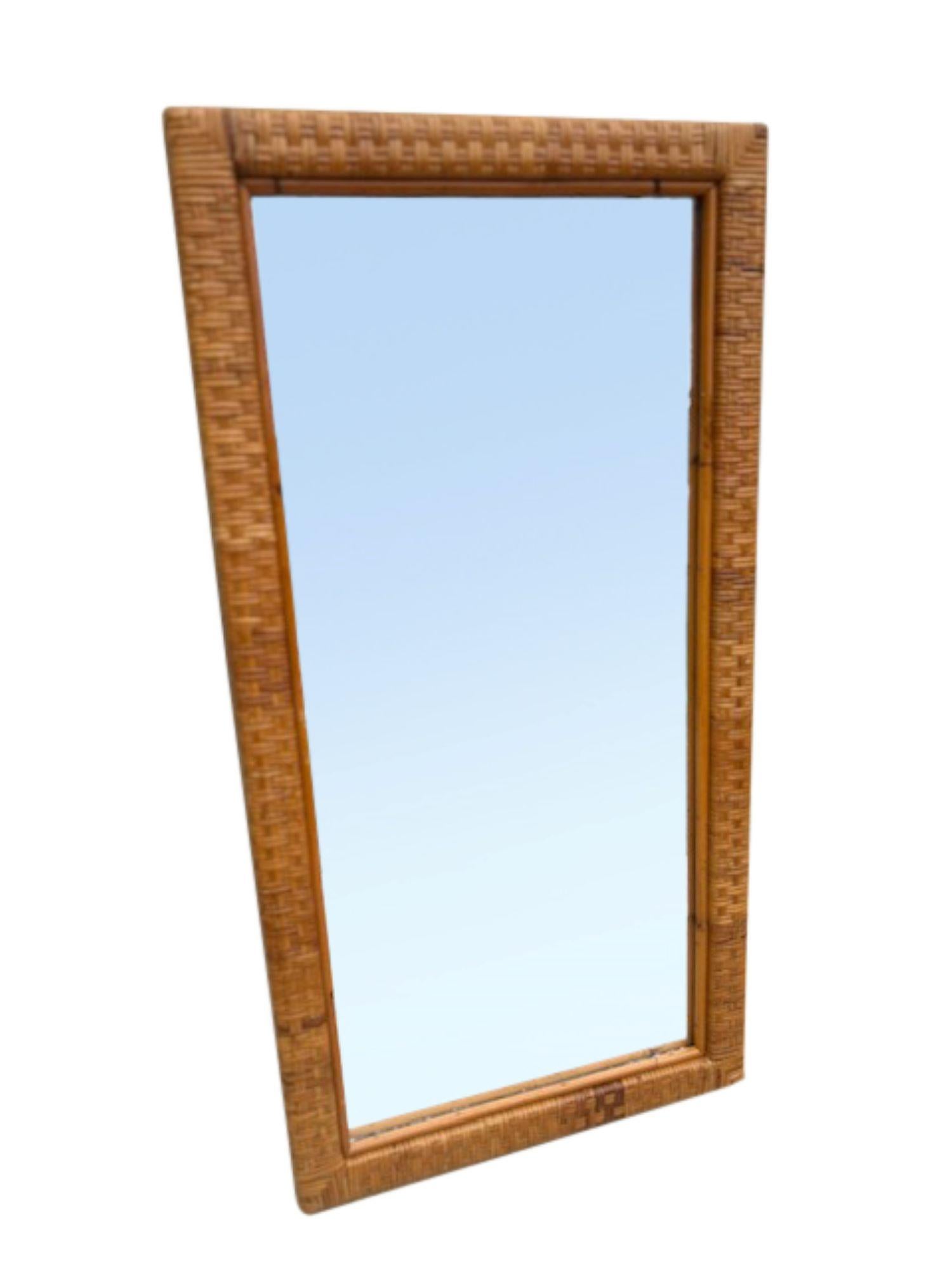 Late 20th Century MCM Woven Rattan & Glass Two-Tier Console Table & Wall Mirror Set, Italy, 1970 For Sale