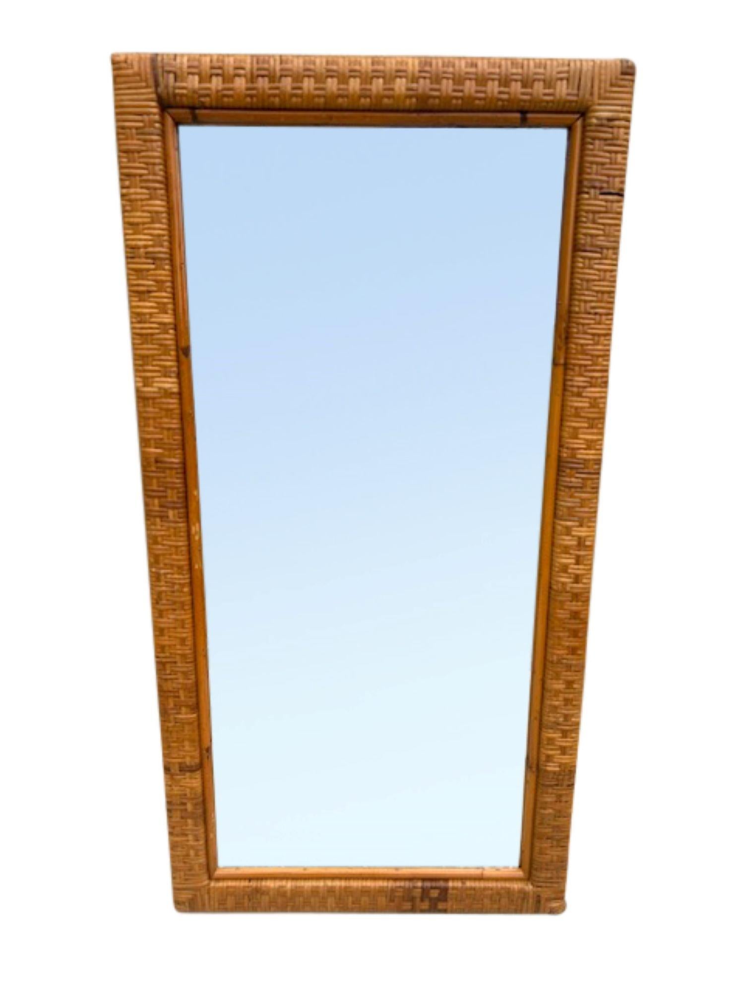 MCM Woven Rattan & Glass Two-Tier Console Table & Wall Mirror Set, Italy, 1970 For Sale 1