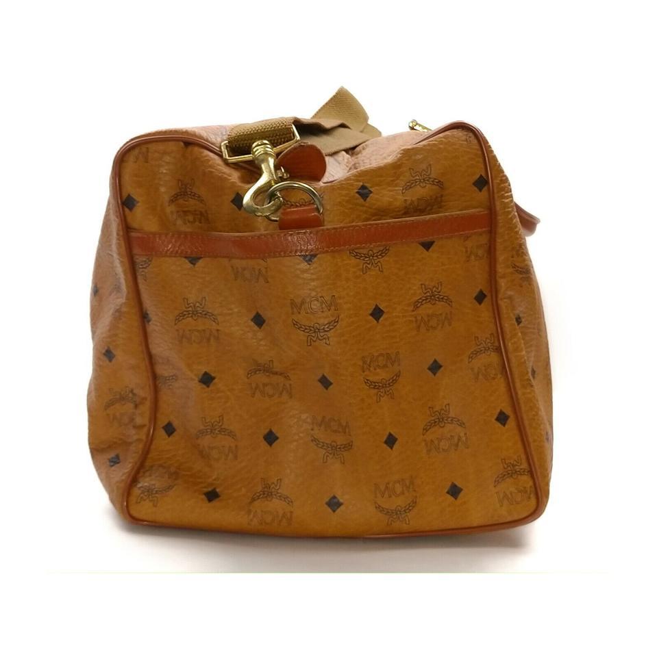 MCM XL Cognac Monogram Visetos Boston Duffle Bag with Strap 863473 In Good Condition In Dix hills, NY