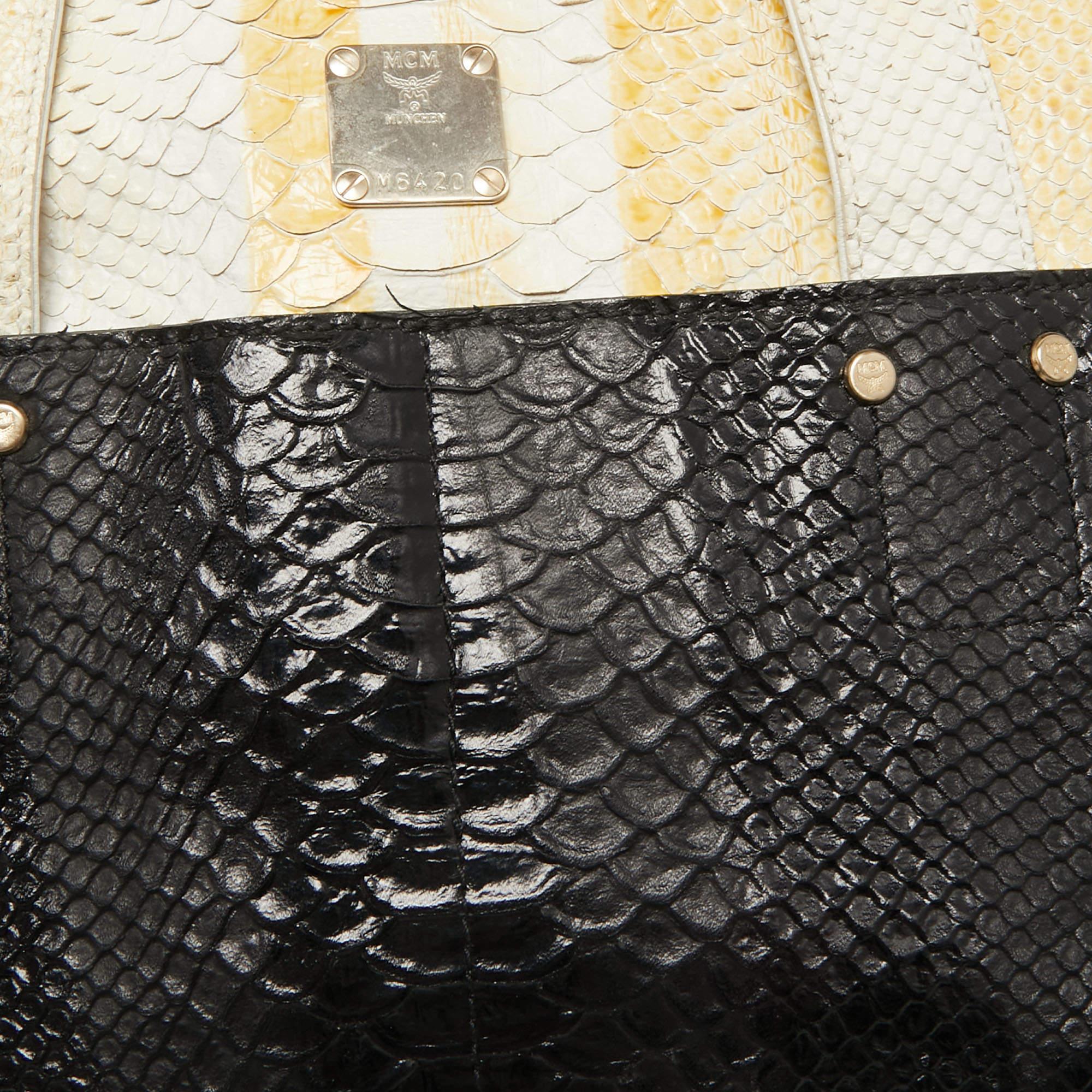 MCM Yellow/Black Python Embossed Leather Zip Tote For Sale 8