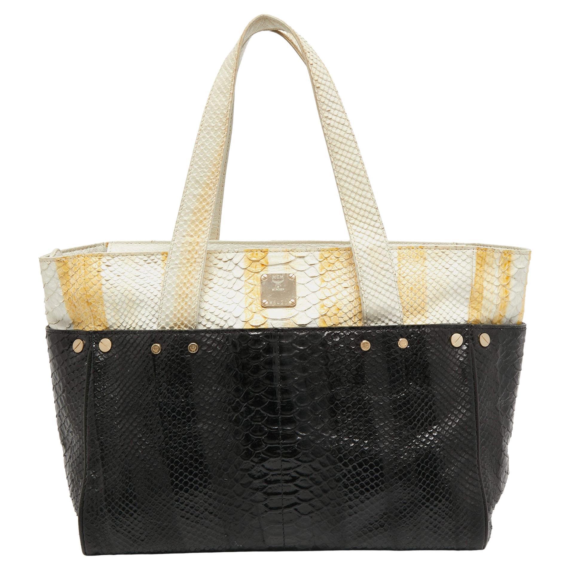 MCM Yellow/Black Python Embossed Leather Zip Tote For Sale