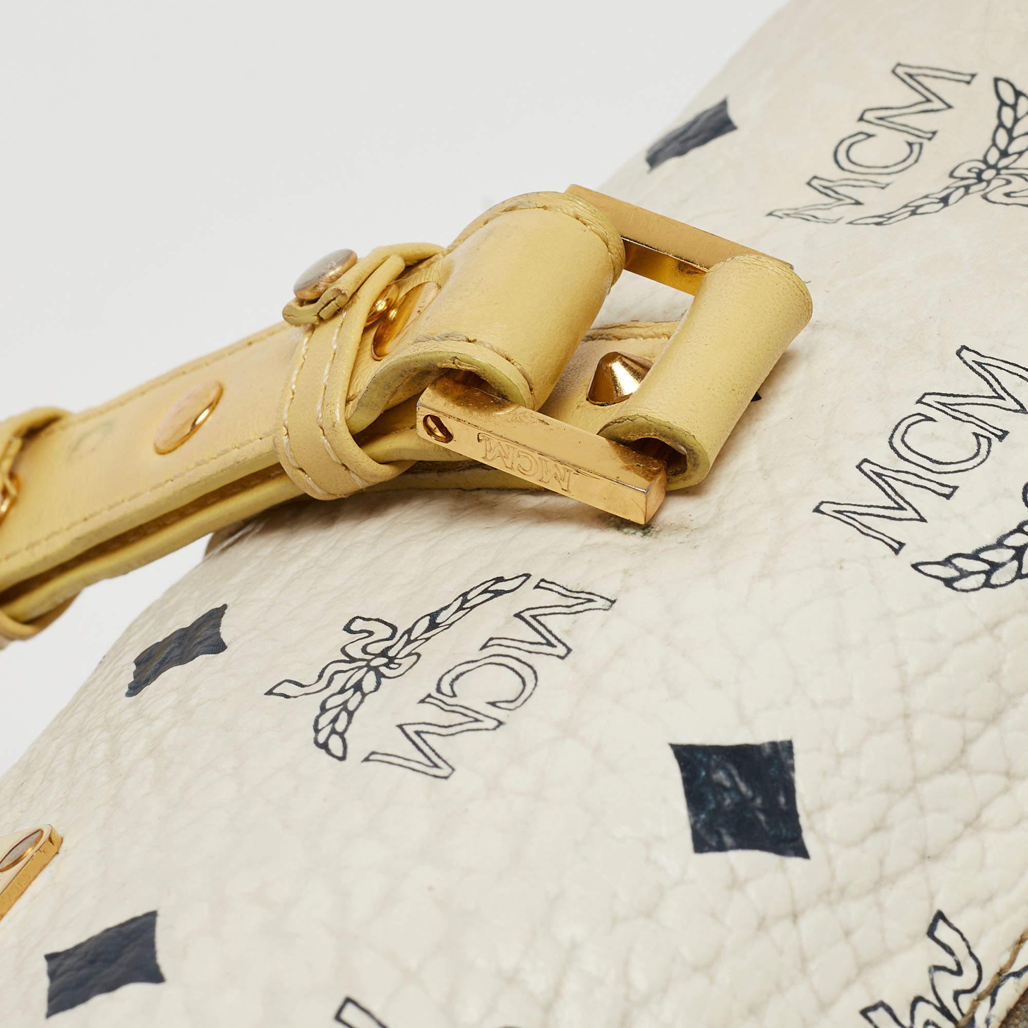 MCM Yellow/White Visetos Coated Canvas and Leather Rolle Boston Bag 5