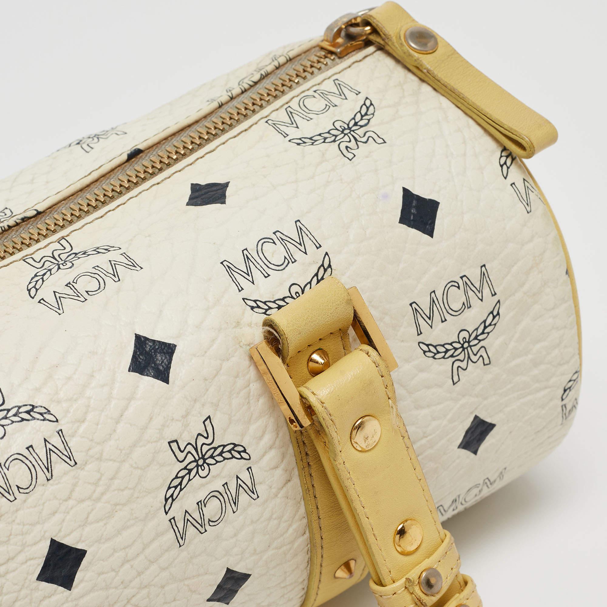 MCM Yellow/White Visetos Coated Canvas and Leather Rolle Boston Bag 4