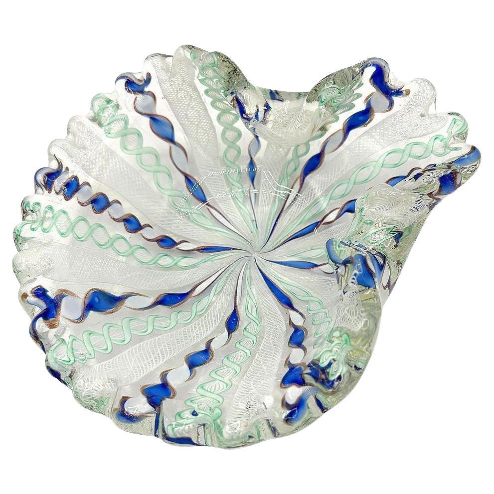 MCM Zanfircio Murano Art Glass Shell Dish Green Latticino Ribbons by Salviati