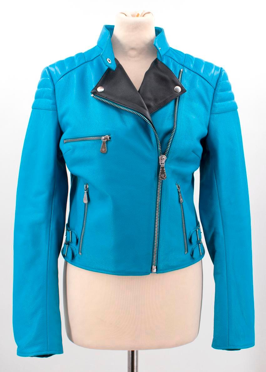 MCQ Alexander McQueen blue leather jacket. 

Features a buttoned collar, shoulders, long sleeves and three front zipped pockets. 
Includes front zip fastening. 

Fabric: Leather. 

Approx: 
Shoulders- 12cm 
Sleeves- 62cm 
Chest-40cm 
Waist-37cm