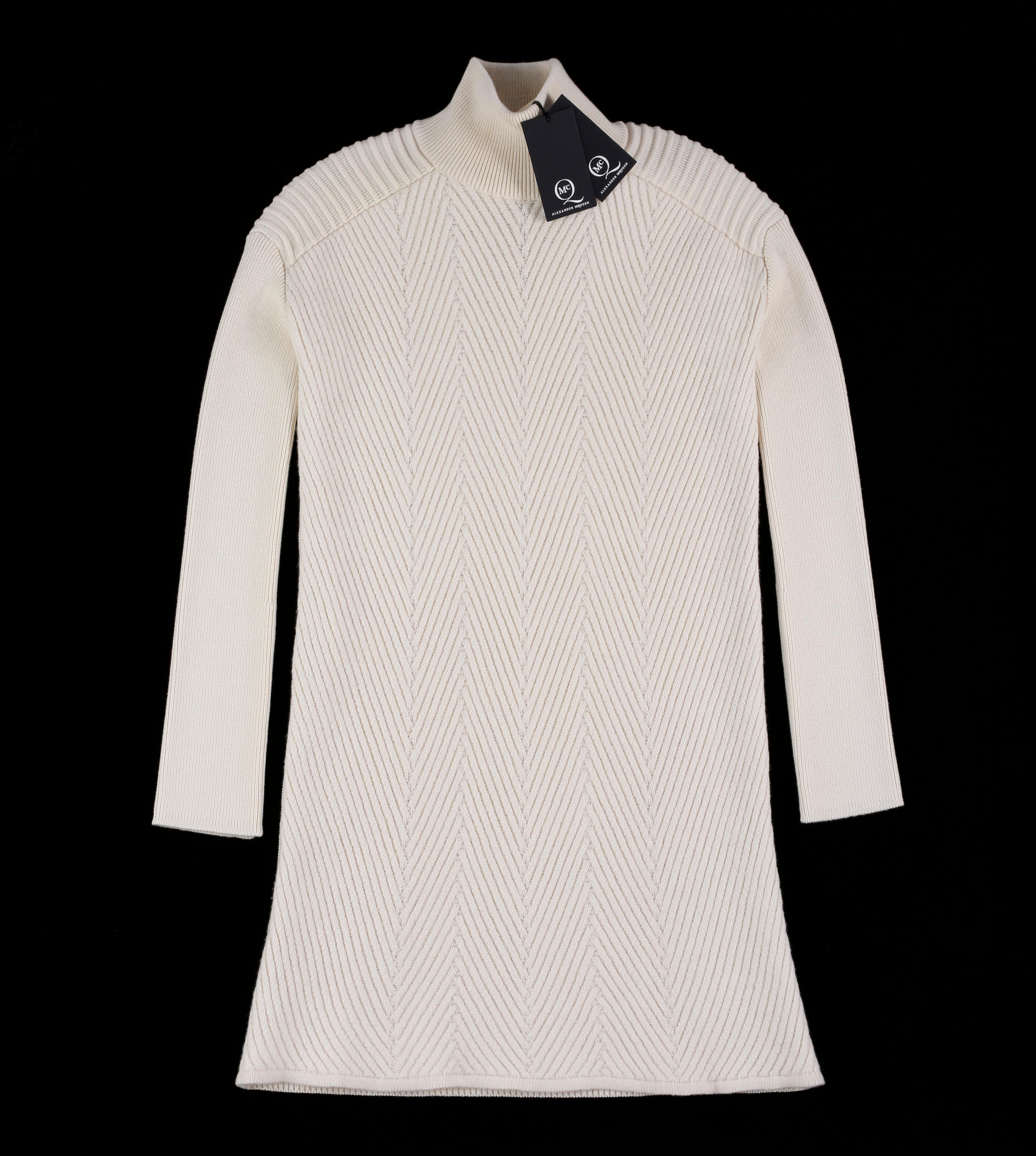 Women's McQ Alexander McQueen Off White Ivory Wool Long Sleeve Turtleneck Sweater Dress For Sale