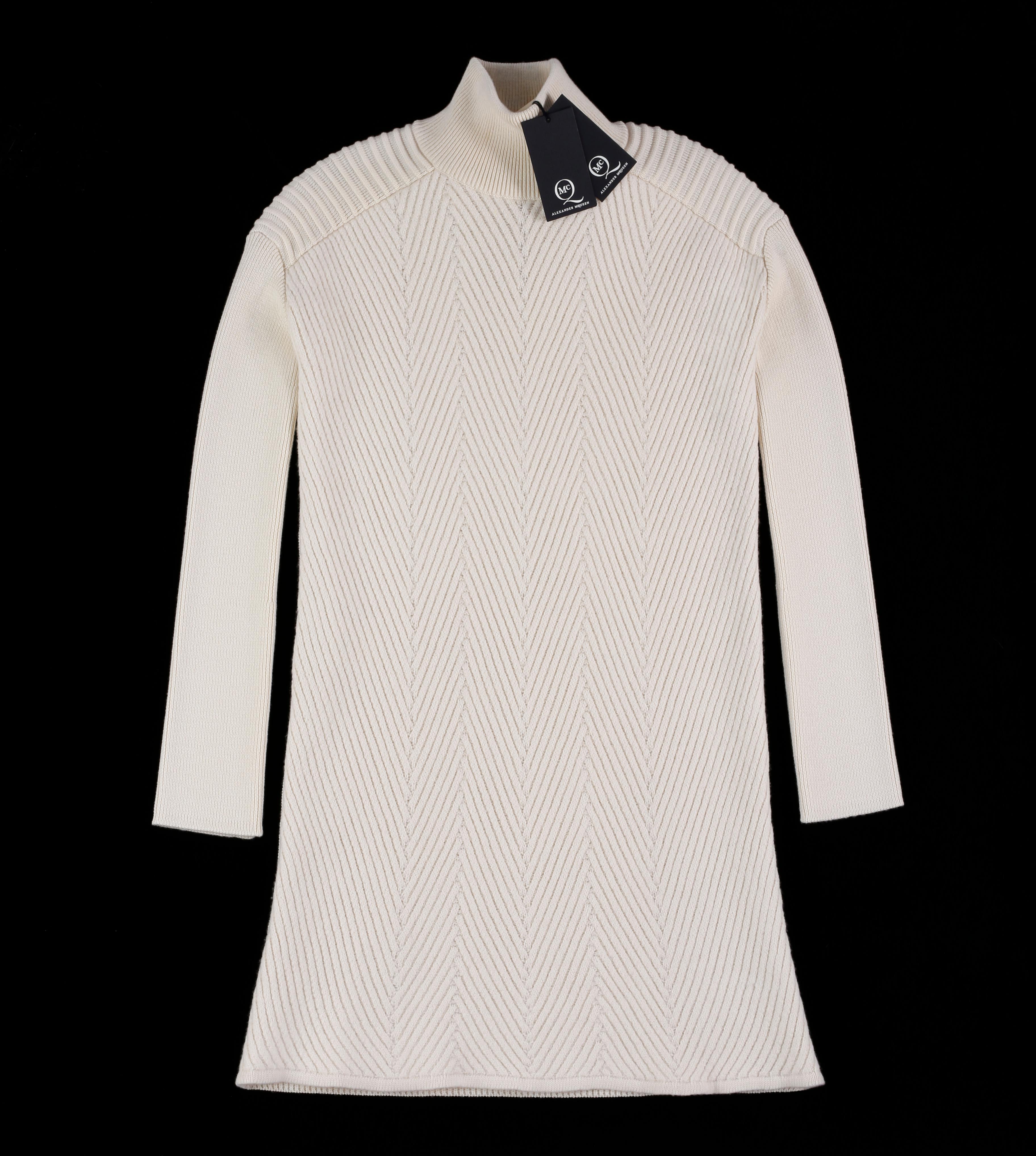 Women's McQ Alexander McQueen Off White Ivory Wool Long Sleeve Turtleneck Sweater Dress