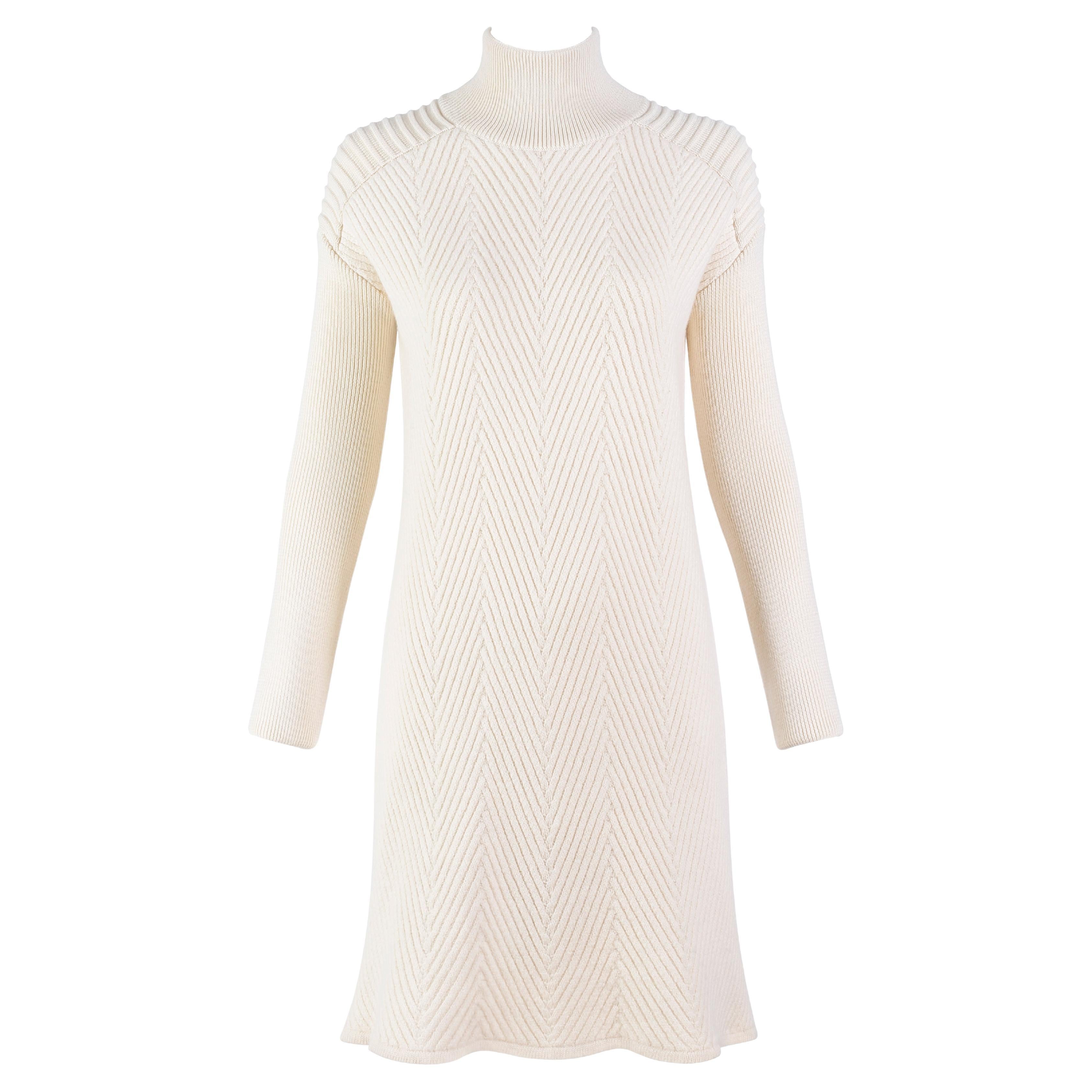 McQ Alexander McQueen Off White Ivory Wool Long Sleeve Turtleneck Sweater Dress For Sale