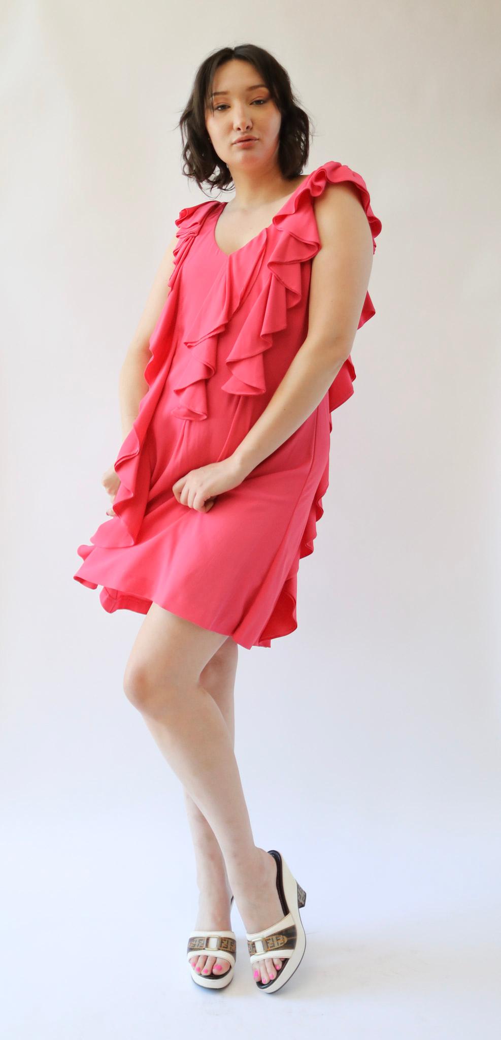 McQ Alexander McQueen Pink Ruffle Midi Dress In Excellent Condition In Kingston, NY