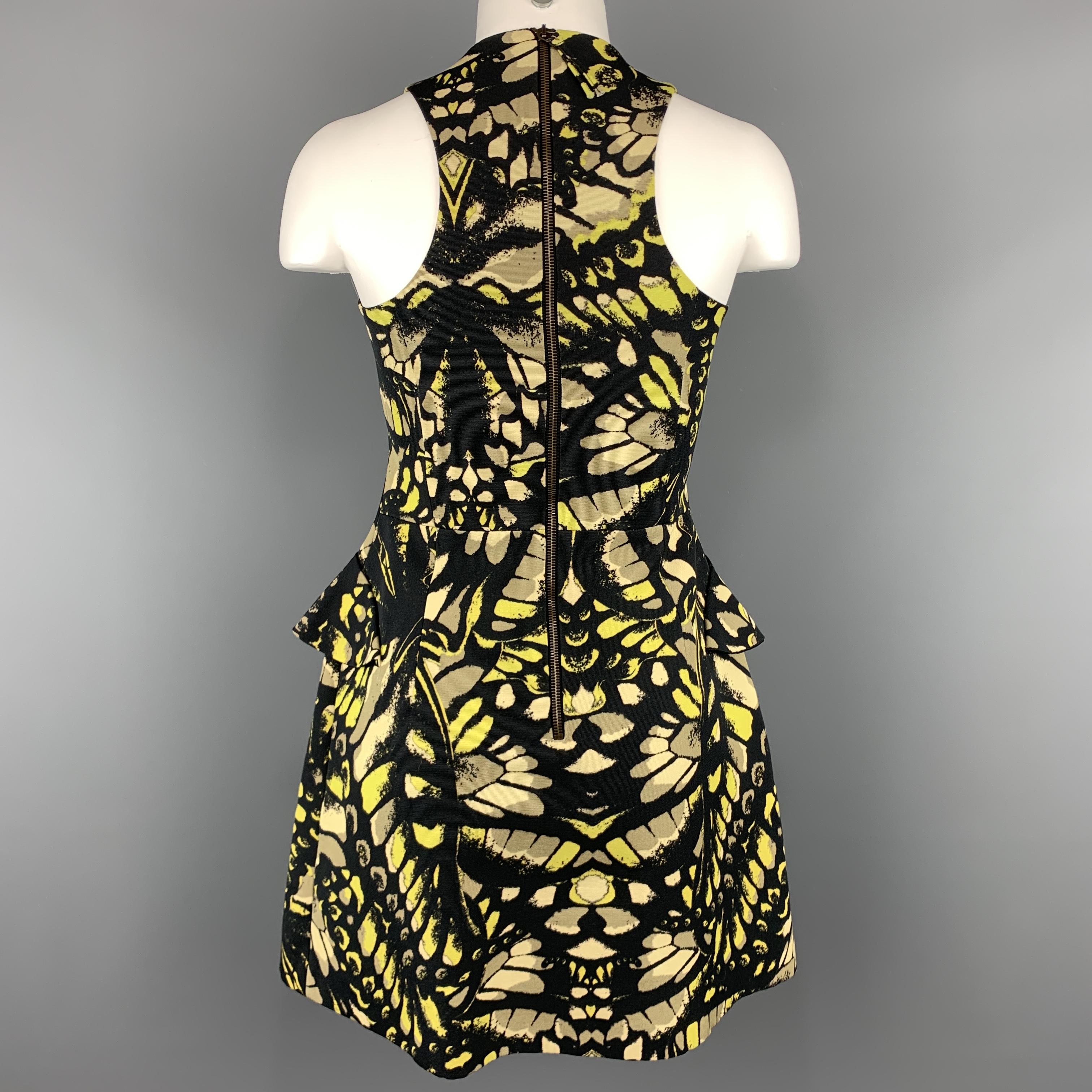 MCQ ALEXANDER MCQUEEN Size 2 Black & Lime Green Butterfly Print Peplum Dress In Excellent Condition In San Francisco, CA