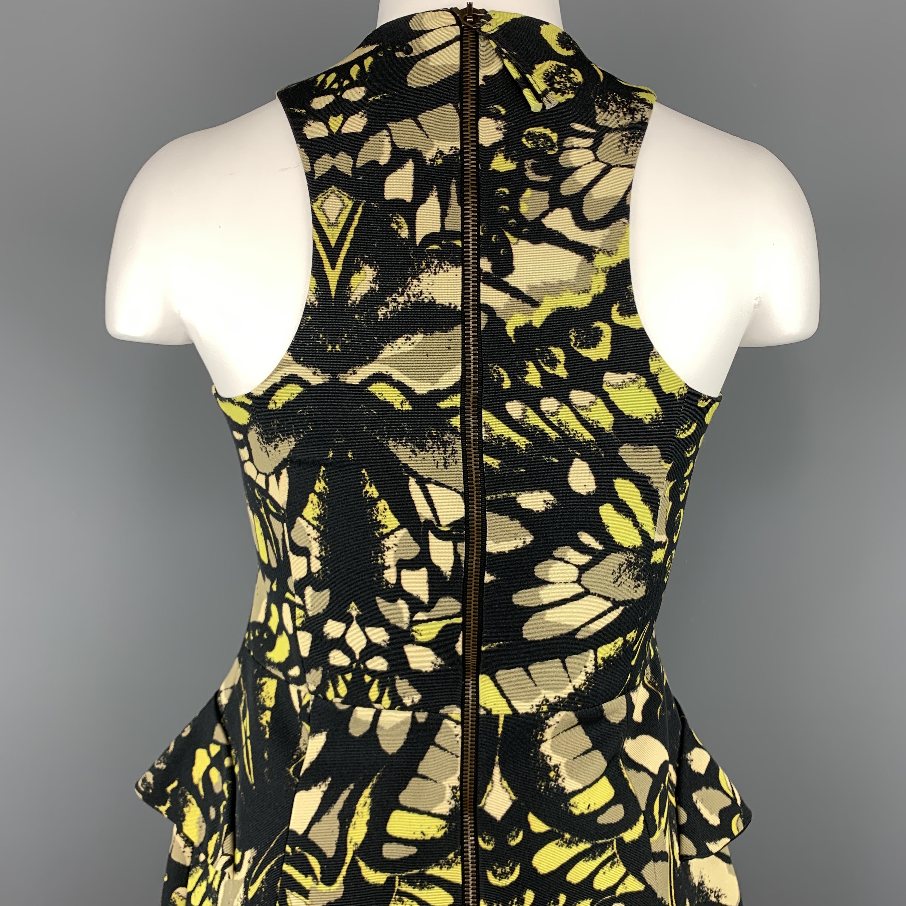 Women's MCQ ALEXANDER MCQUEEN Size 2 Black & Lime Green Butterfly Print Peplum Dress