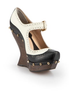 Alexander McQueen McQ Black & White Leather Wooden Wedge Heels Size IT 36