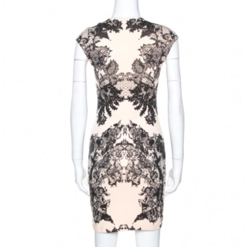 McQ by Alexander McQueen Bicolor Lace Printed Jersey Fitted Dress XS Gris en venta