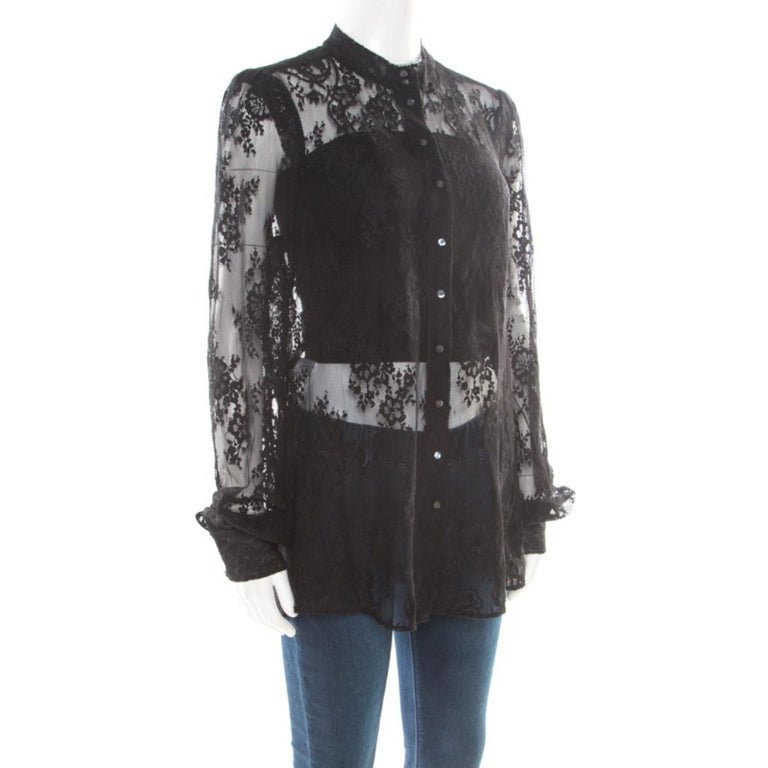 McQ By Alexander McQueen Black Floral Lace Long Sleeve Blouse L For ...
