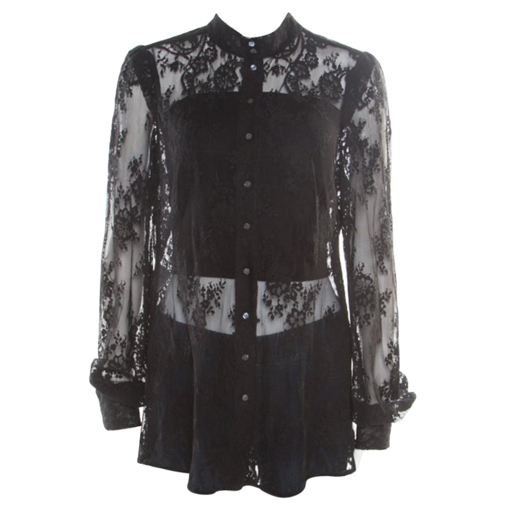 McQ By Alexander McQueen Black Floral Lace Long Sleeve Blouse L