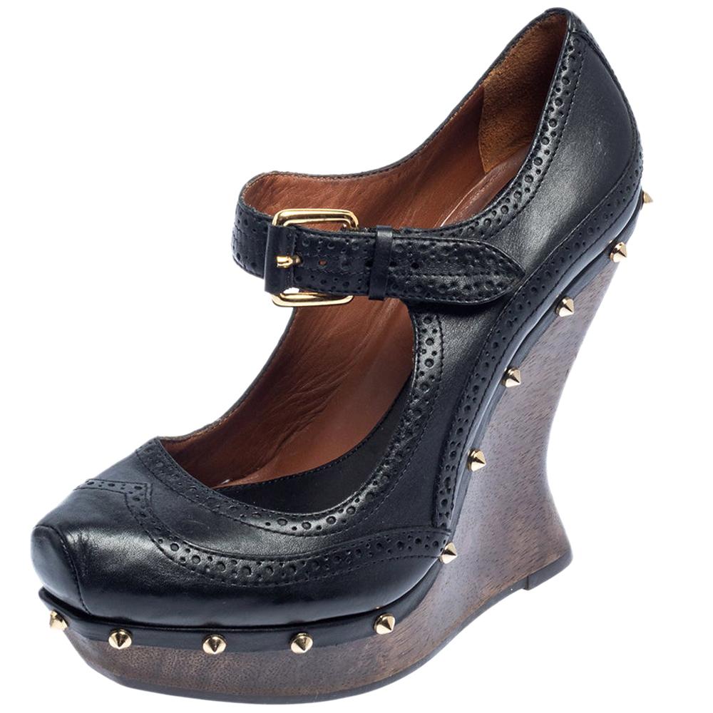 McQ By Alexander McQueen Black Leather Studded Wedge Pumps Size 38