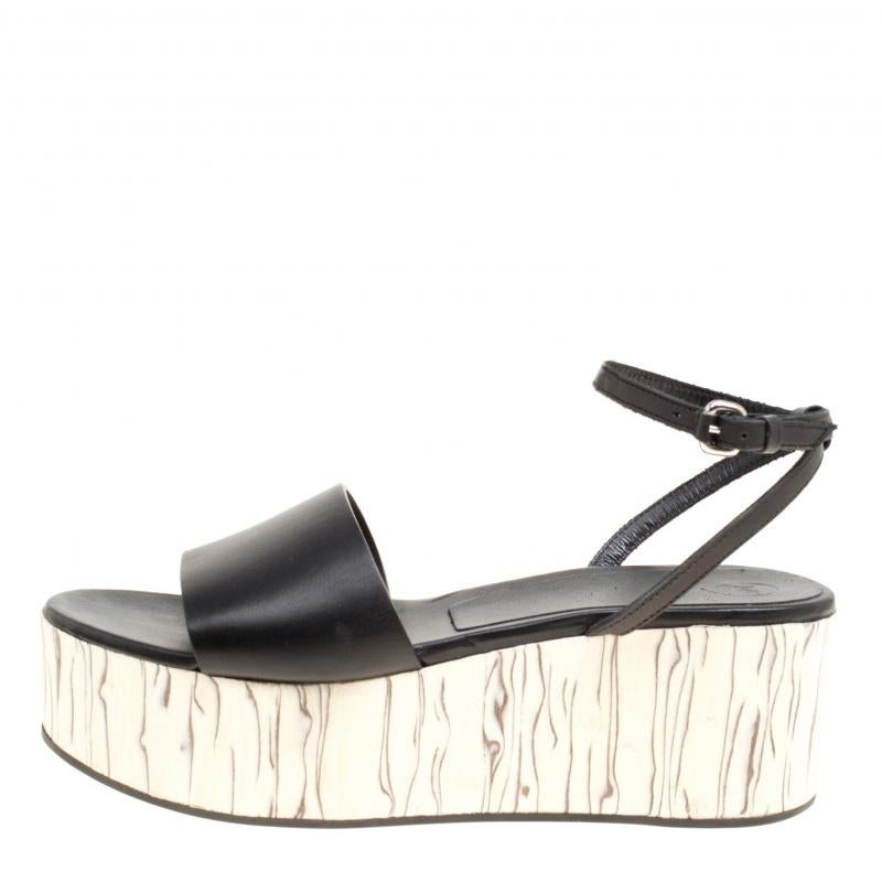 McQ by Alexander McQueen Black Leather Wooden Platform Ankle Wrap Sandals Size 3 In New Condition In Dubai, Al Qouz 2
