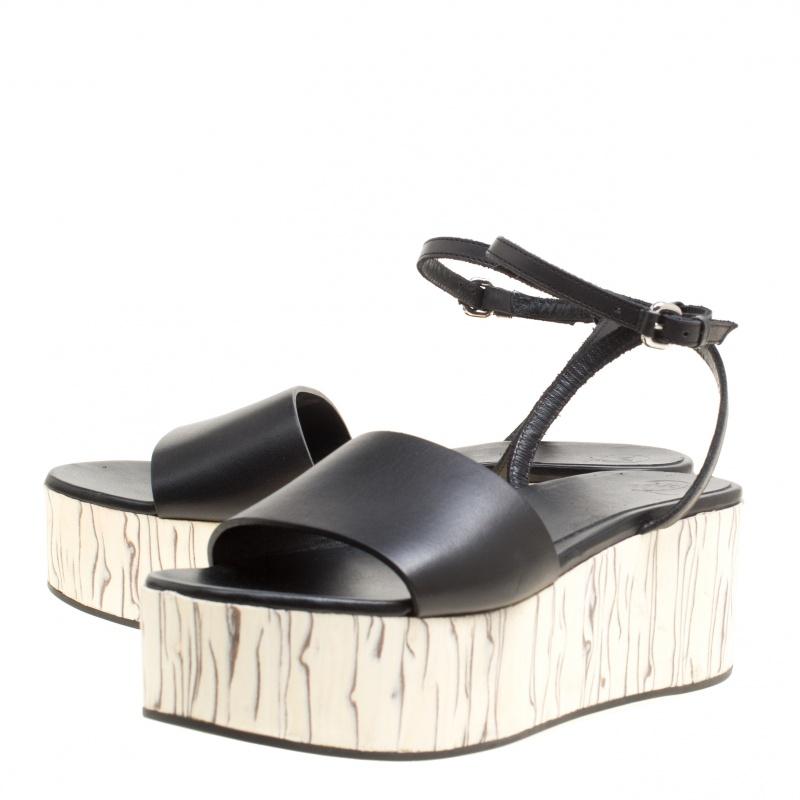 Women's McQ by Alexander McQueen Black Leather Wooden Platform Ankle Wrap Sandals Size 3