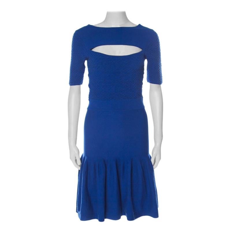 McQ by Alexander McQueen Blue Jersey  Neck Detail Fitted Fishtail Midi Dress S