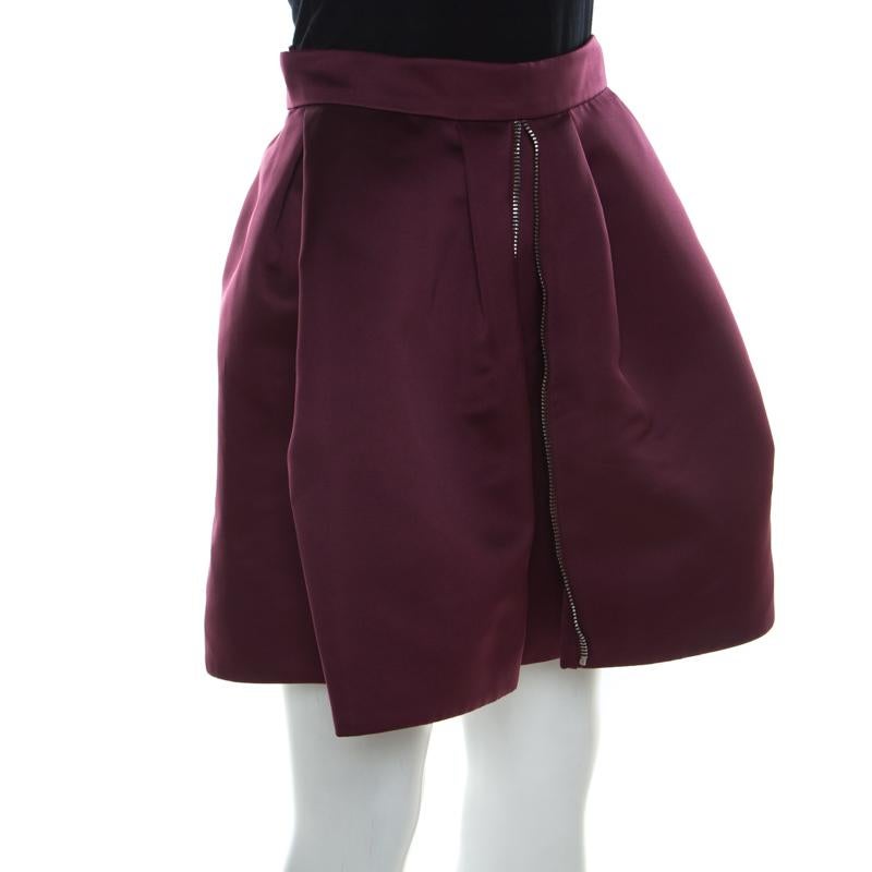 Black McQ by Alexander McQueen Burgundy Satin Zip Detail Duchess Skirt S