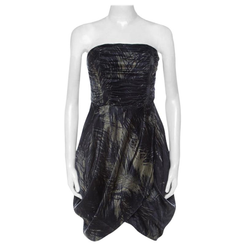 McQ by Alexander McQueen Moss Green and Black Feather Printed Strapless Dress M