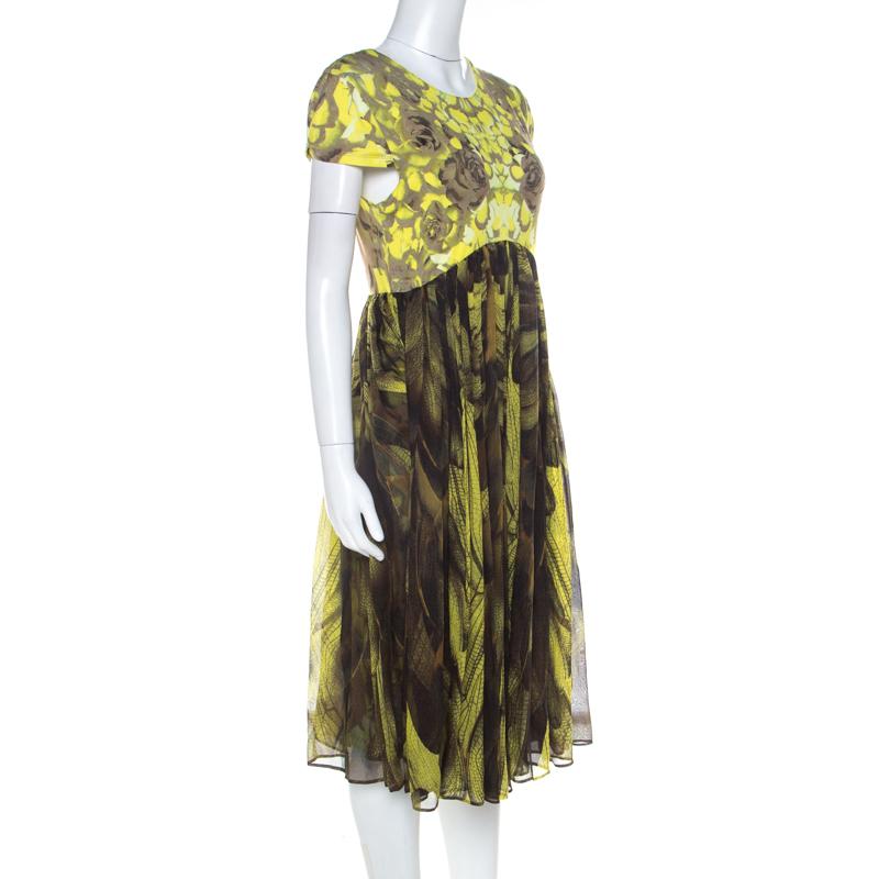 Black McQ by Alexander McQueen Yellow & Brown Digital Print Jersey & Silk Dress XL