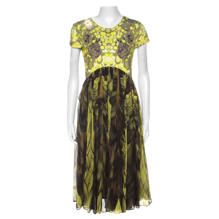 McQ by Alexander McQueen Yellow & Brown Digital Print Jersey & Silk Dress XL