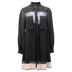 McQ by McQueen Contrast Lace Trim Flared Dress Shirt in Black Silk