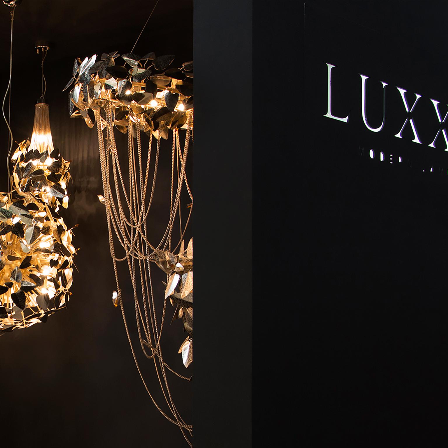 Modern McQueen Chandelier in Gold Plated Brass with Amber Swarovski Crystals by Luxxu For Sale