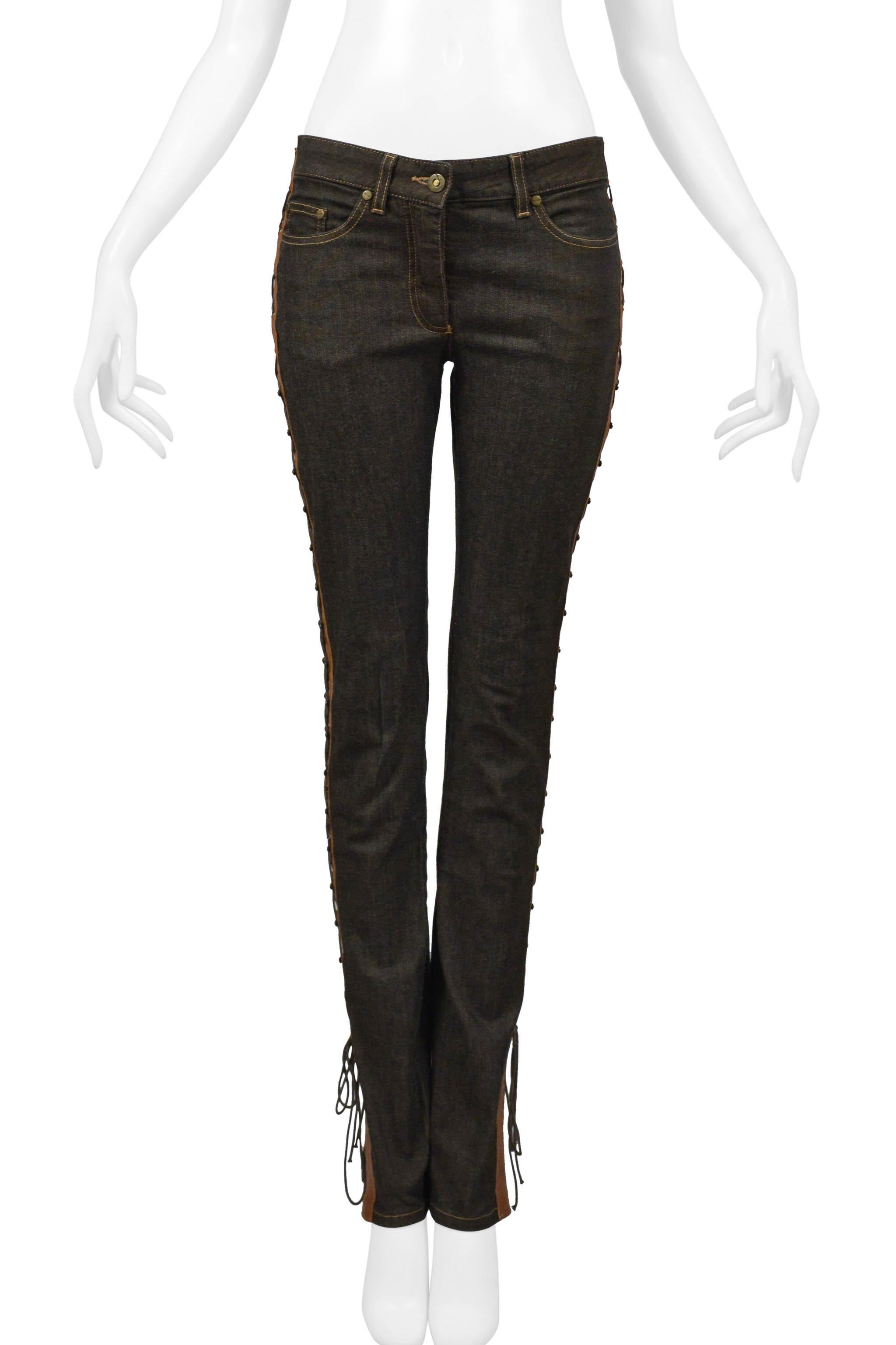 McQueen Denim Jeans With Brown Leather Corset Laced Sides 2002 For Sale 1