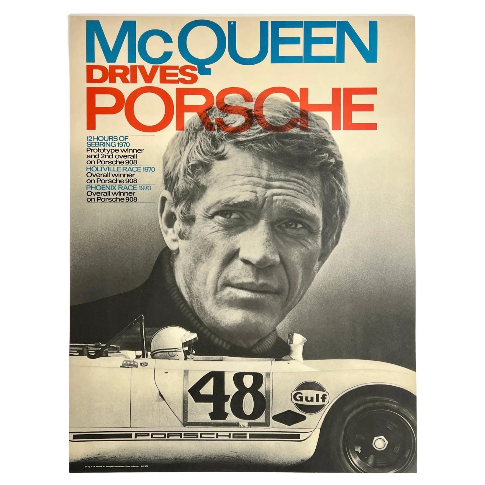McQUEEN DRIVES PORSCHE Original Vintage Automobile Racing Victory Poster 1970