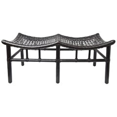 McQuire Black Rattan and Leather Bench Vintage
